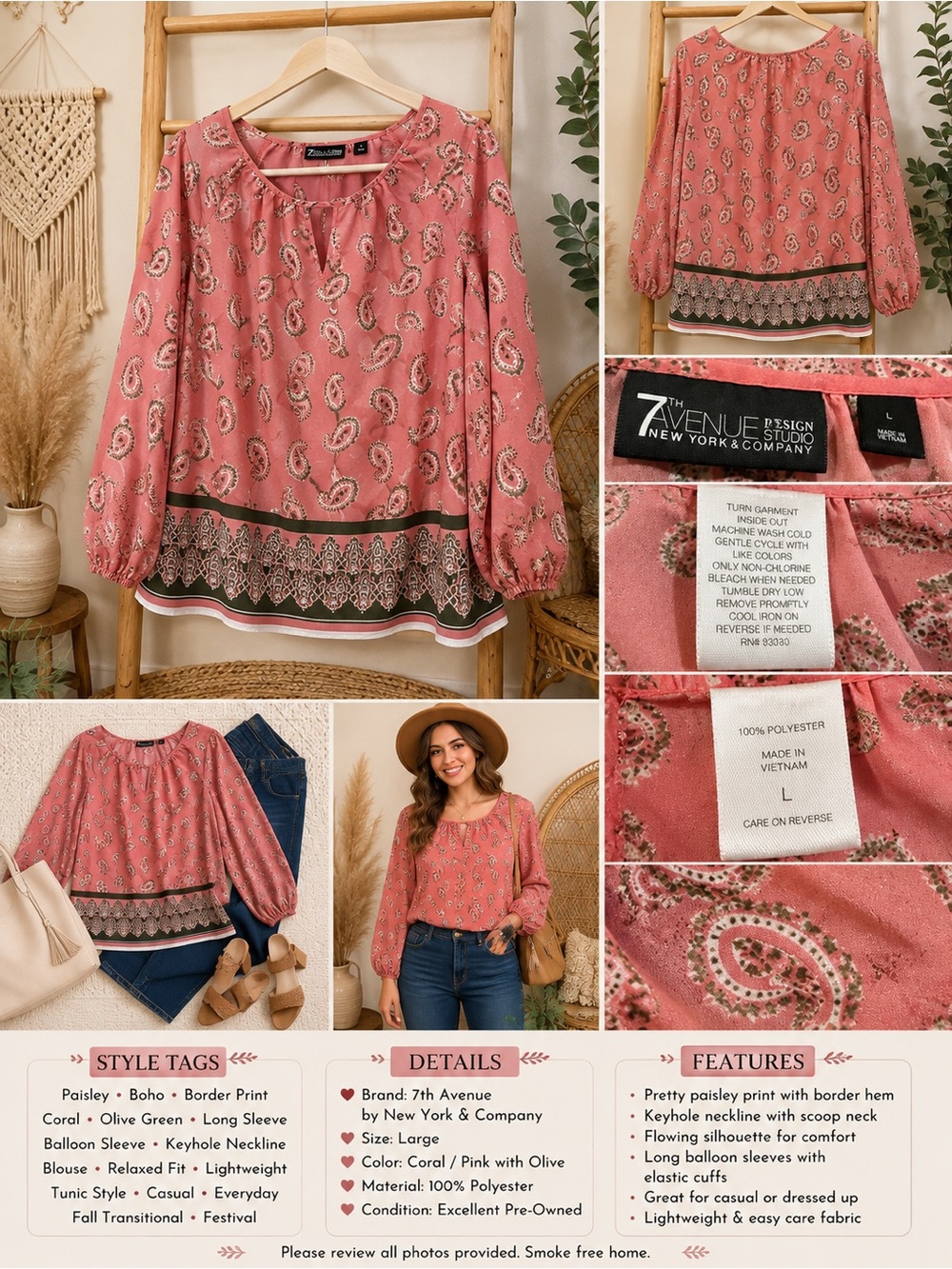 7th Avenue Coral Paisley Balloon-Sleeve Blouse with Olive Border Size L